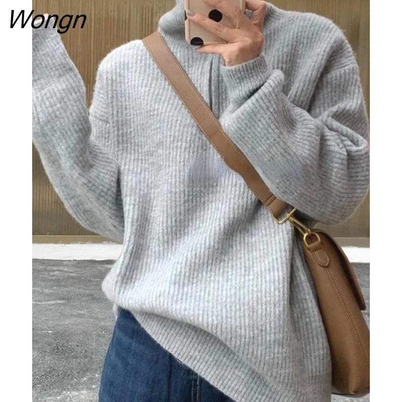 Wongn Women Sweaters 2022 Casual Loose Turtleneck Zipper New Autumn and Winter Long Sleeve Top Knitted Vintage Green Sweater