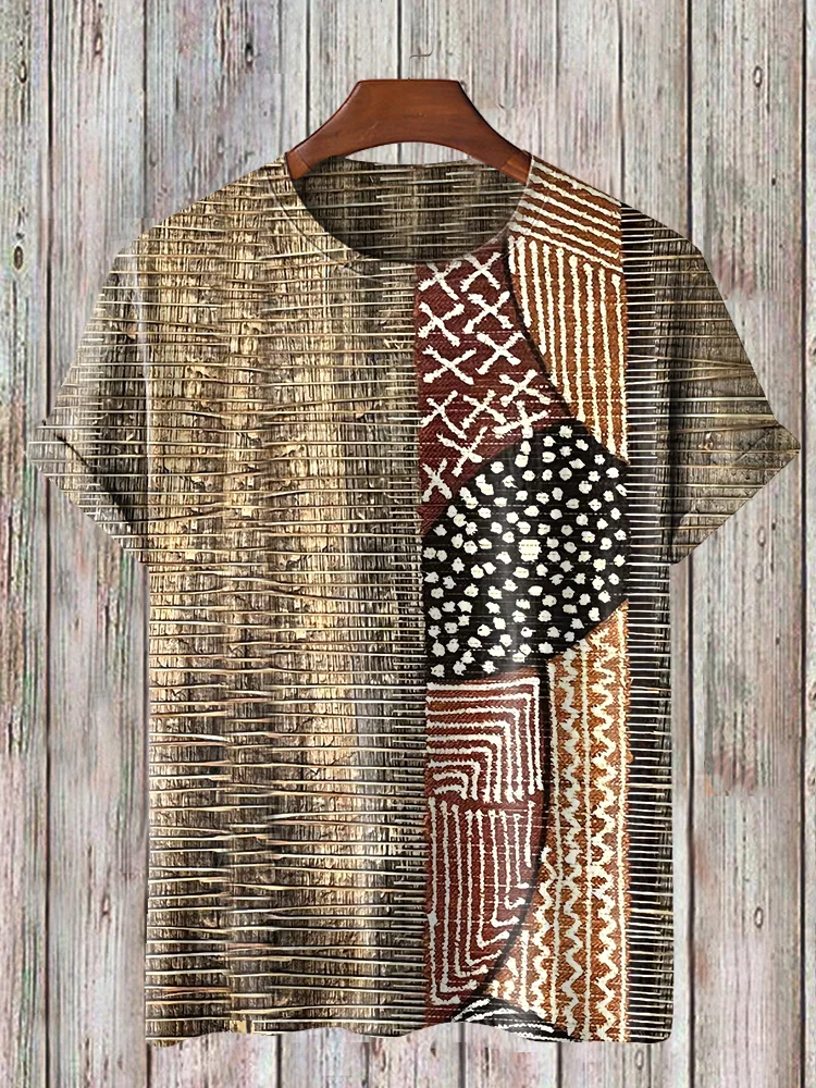 Men's Retro 3D African Wood Grain Totem Print Short Sleeve Casual T-Shirt