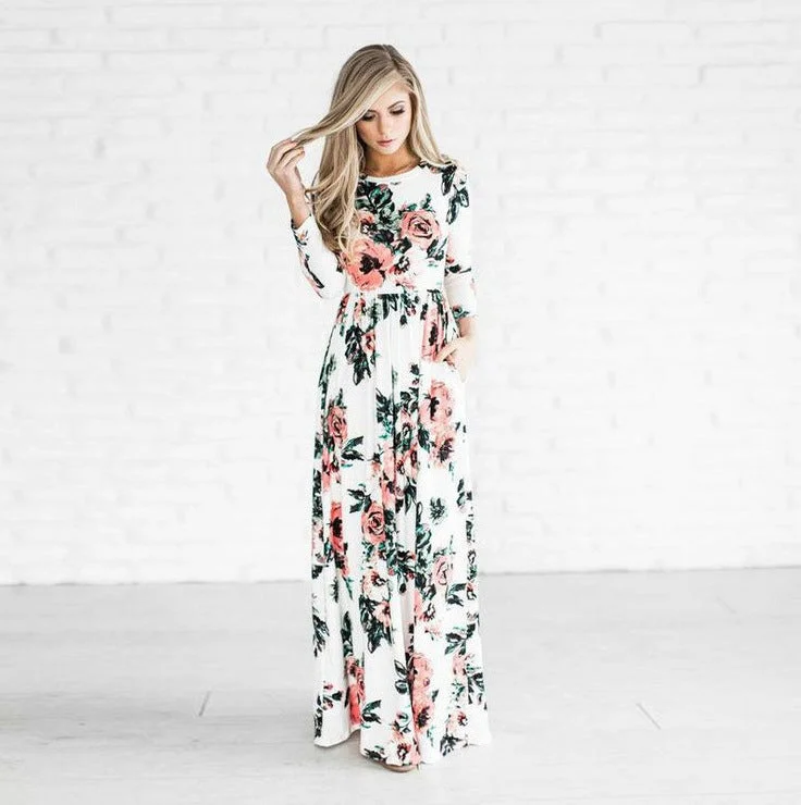 Uveng Summer Round Neck Flowers Print Long Sleeve Dress