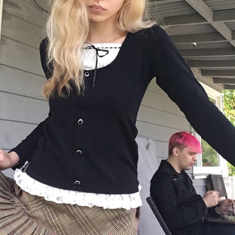 Rapcopter Y2K Frill Crop Top Bow Full Sleeve T Shirt Kawaii Black Button Pullovers Autumn Retro Harajuku Chic Tee Women Sweet