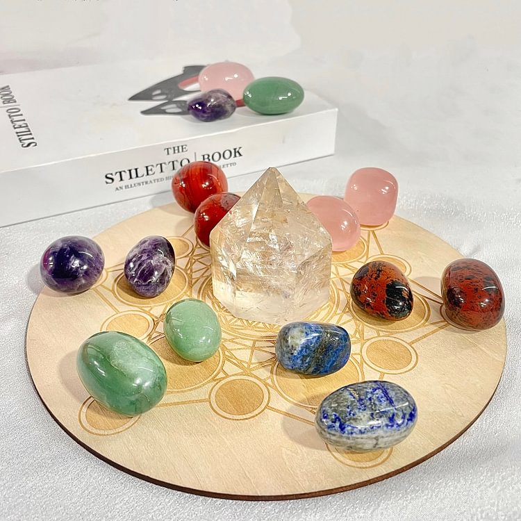  【Reiki Healing Beginner Starter Kit/Meditation Crystal Gift】 7 Chakra with Wooden Grid Board/Template Set-14 Pieces