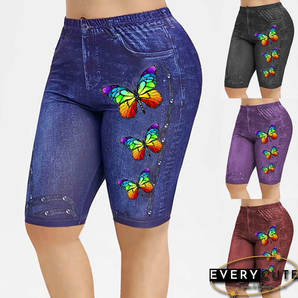 Colors New Summer Women Fashion Casaul Printed Butterfly Knee Length Jeggings Shorts Faux