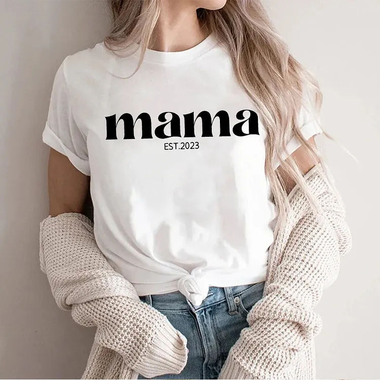 Personalised Chest Text Customization Mama Est Year T-shirt, with Children's Names on the Sleeve, Mother's Day Gift