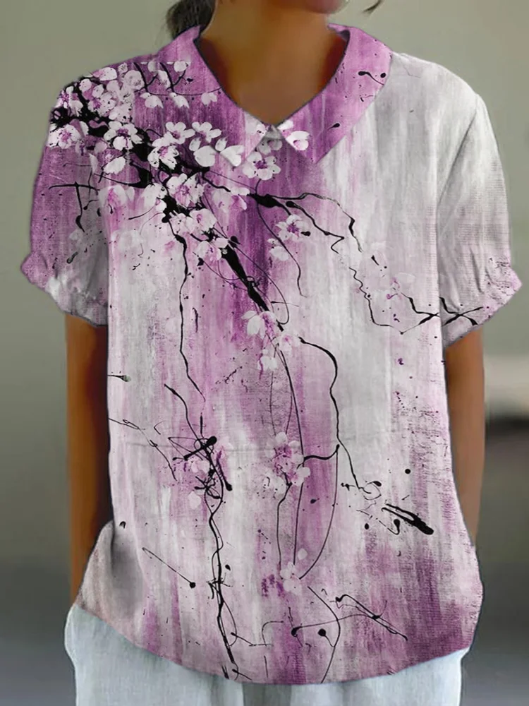 Vintage Ink Flower Print Linen Lapel Shirt