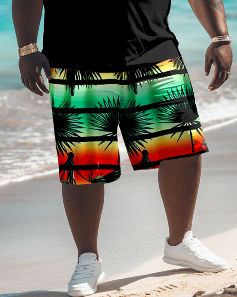 Men's Plus Size Hawaiian Color Contrast Gradient Floral Print Tank Shorts Set