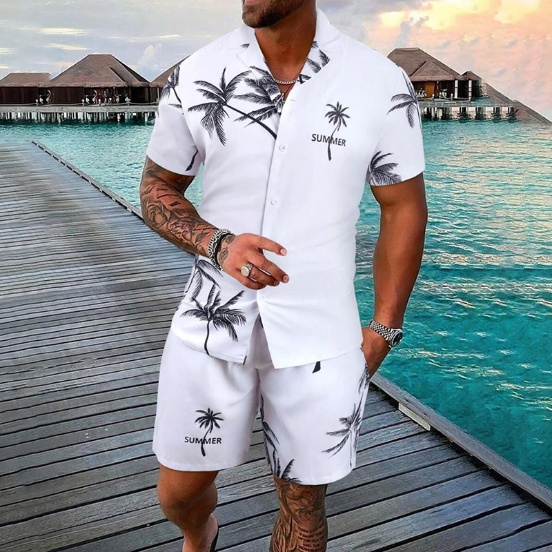 Comstylish Hawaiian Vacation Coconut Tree Print Short Sleeved Two Piece Set