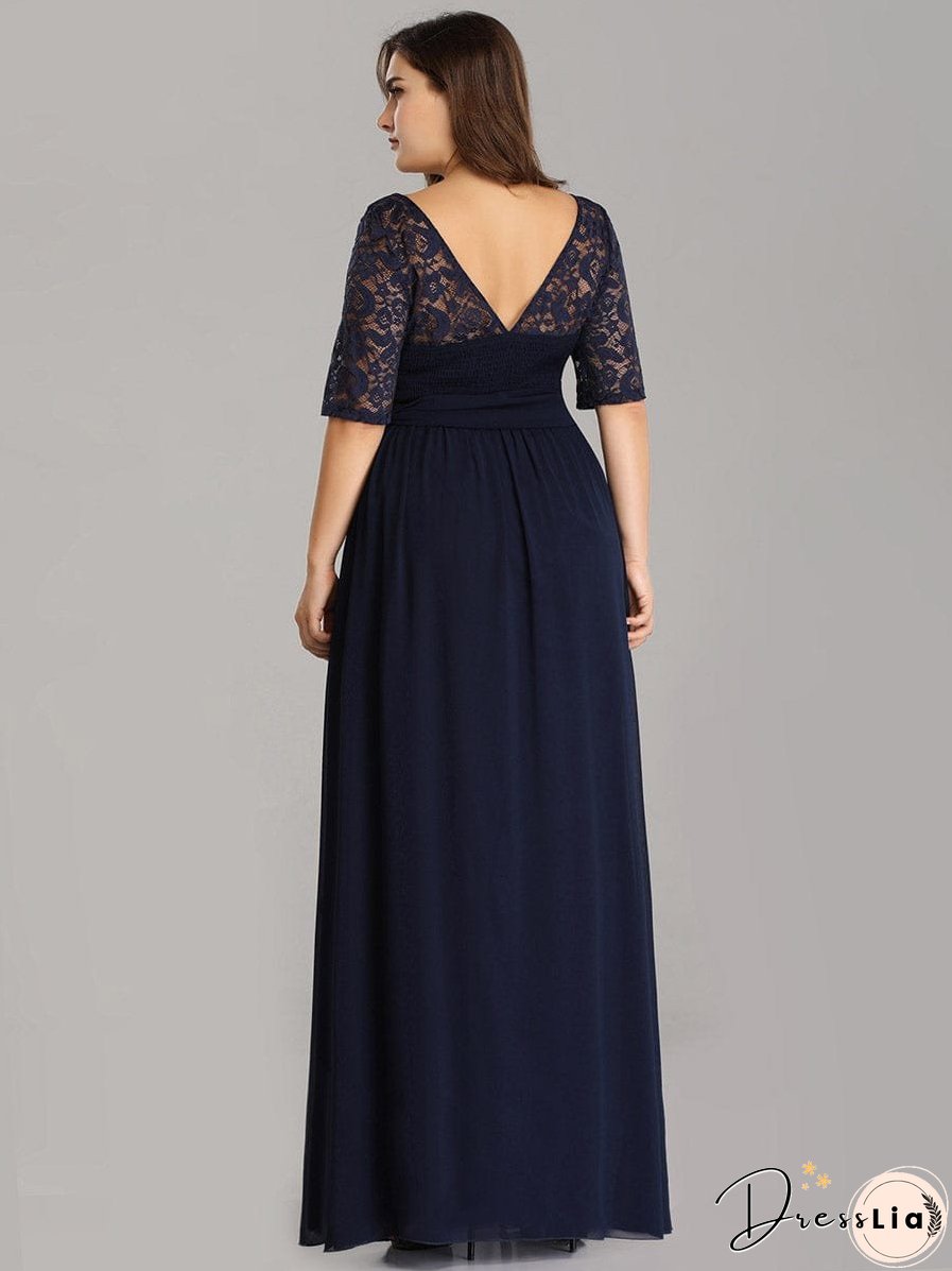 Sophisticated Lace Bodice Chiffon Maxi Evening Gown with Belt for Elegant Occasions