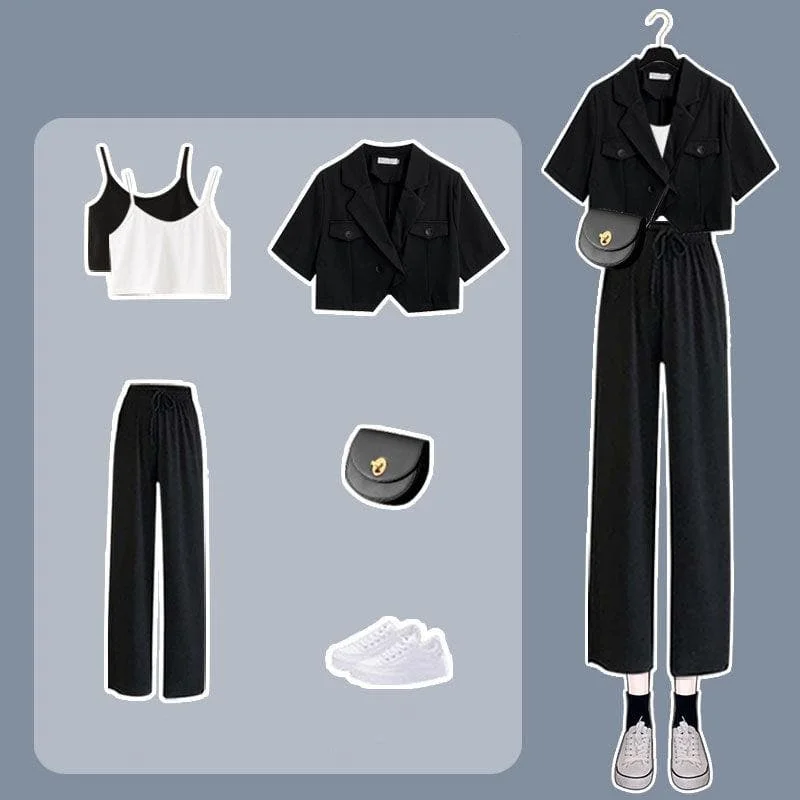 Unisex Casual Black White Crop Shirt Crop Top Pants Set SP15999