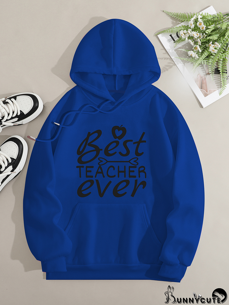 Printed on front Kangaroo Pocket Hoodie Long Sleeve for Women Pattern Best teacher ever