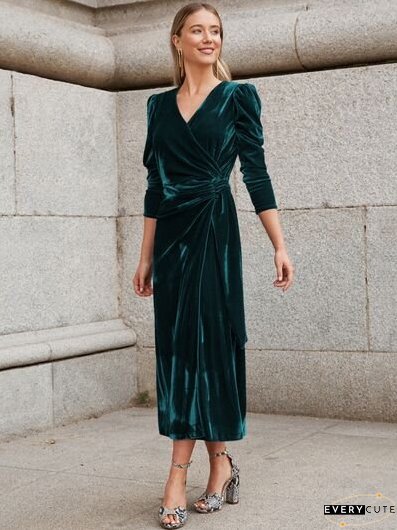 Surplice Puff Sleeve Midi Dress