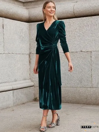 Surplice Puff Sleeve Midi Dress