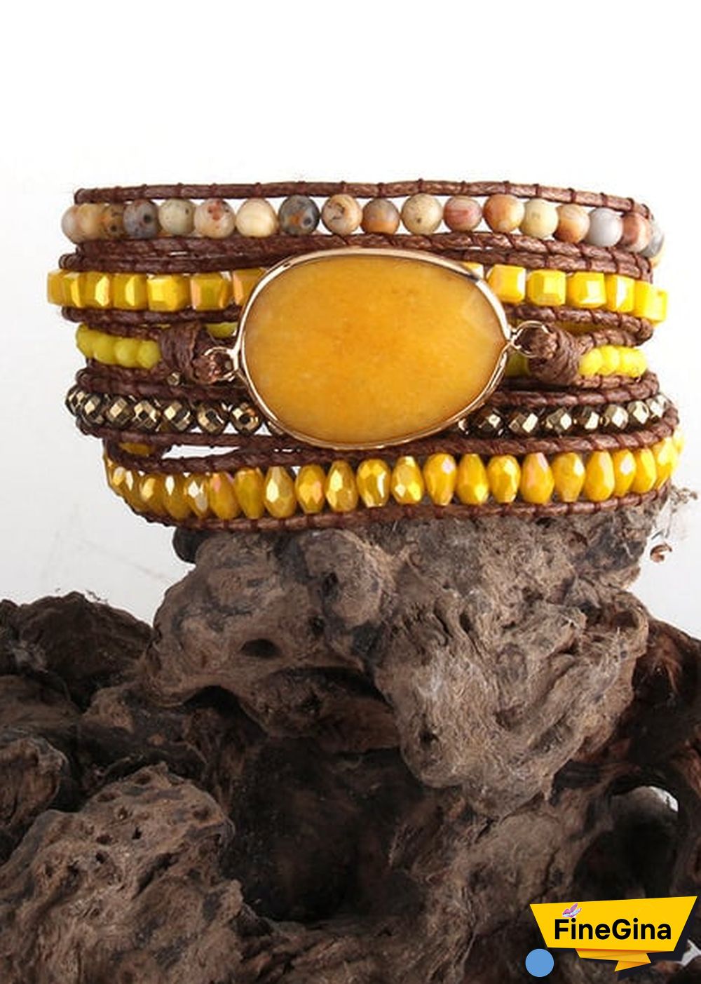 Boho Bracelet, RH 5 Layers Leather Wrap Bracelet, Natural Stones, Crystal Silver
