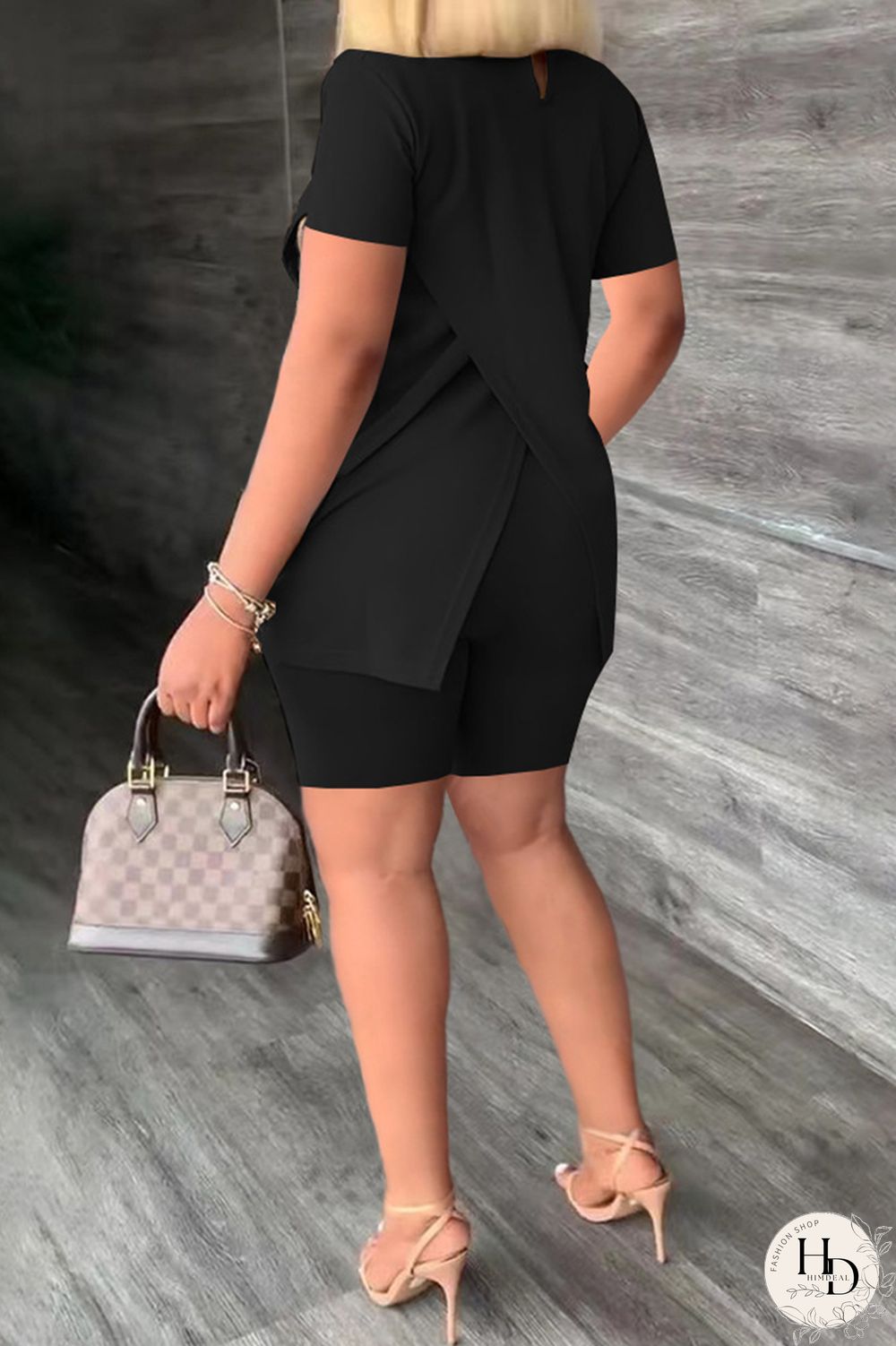 Khaki Casual Print Slit Turtleneck Short Sleeve Two Pieces