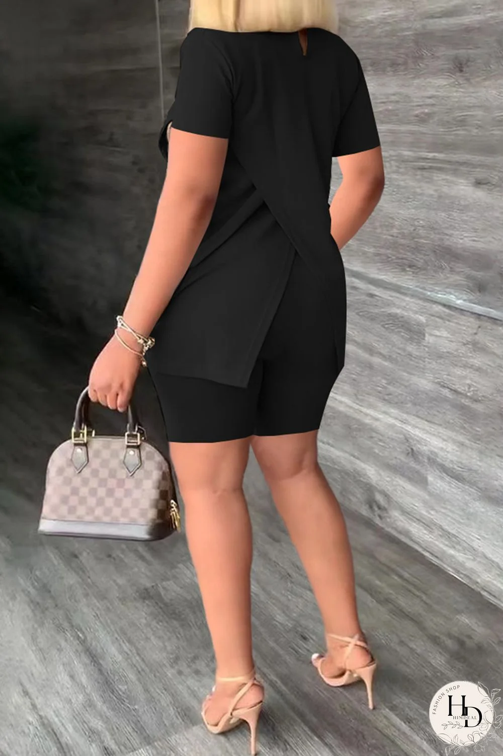 Khaki Casual Print Slit Turtleneck Short Sleeve Two Pieces