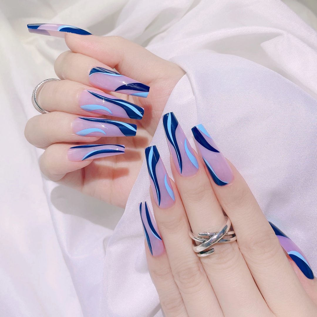 Agreedl Pcs Pink Wavy lines Detachable Long Ballerina Coffin False Nails With Design Wearable French Fake Nails Full Cover Nail Tips