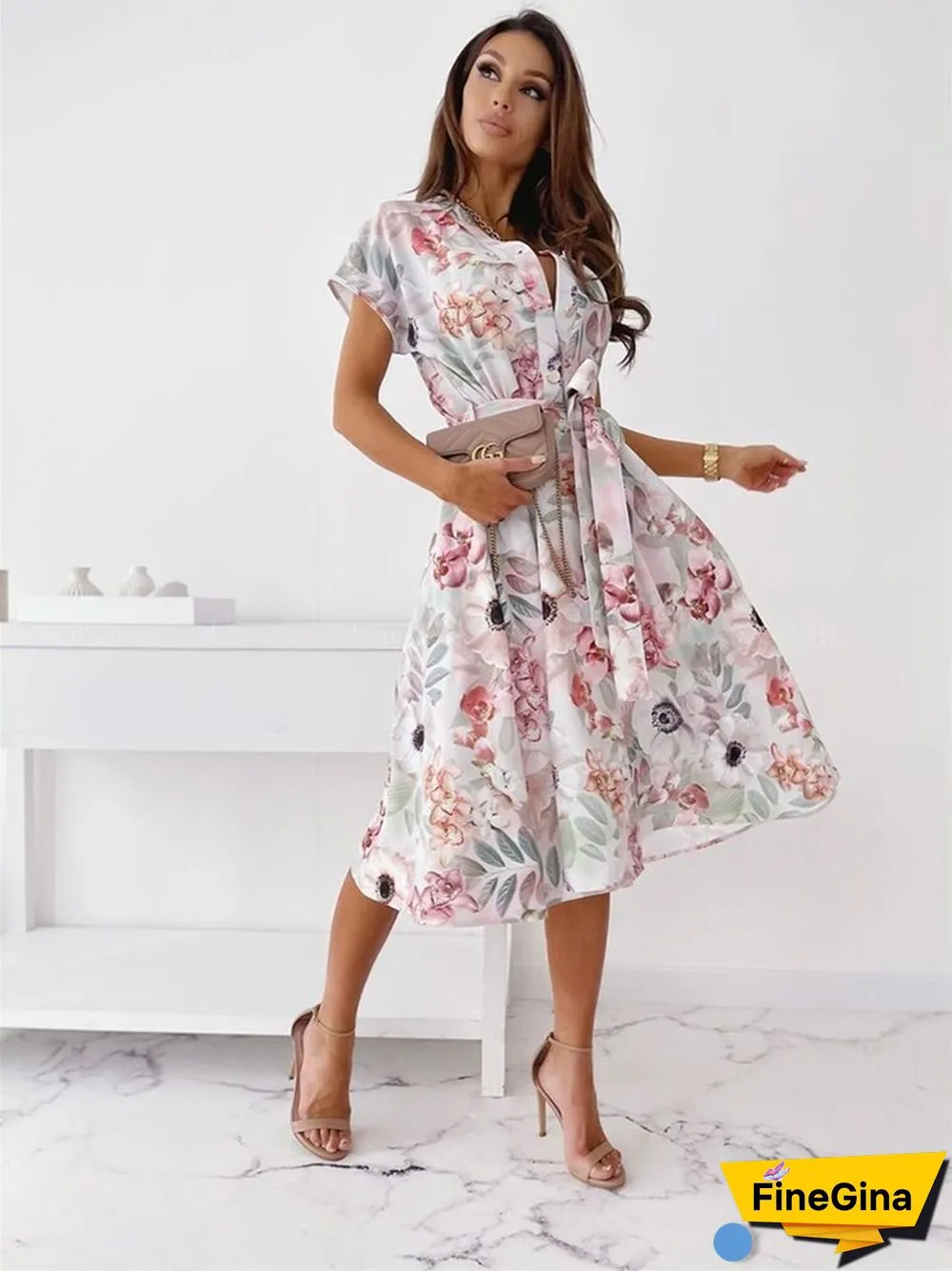 Printed V-neck Short Sleeve Temperament Shirt Dress