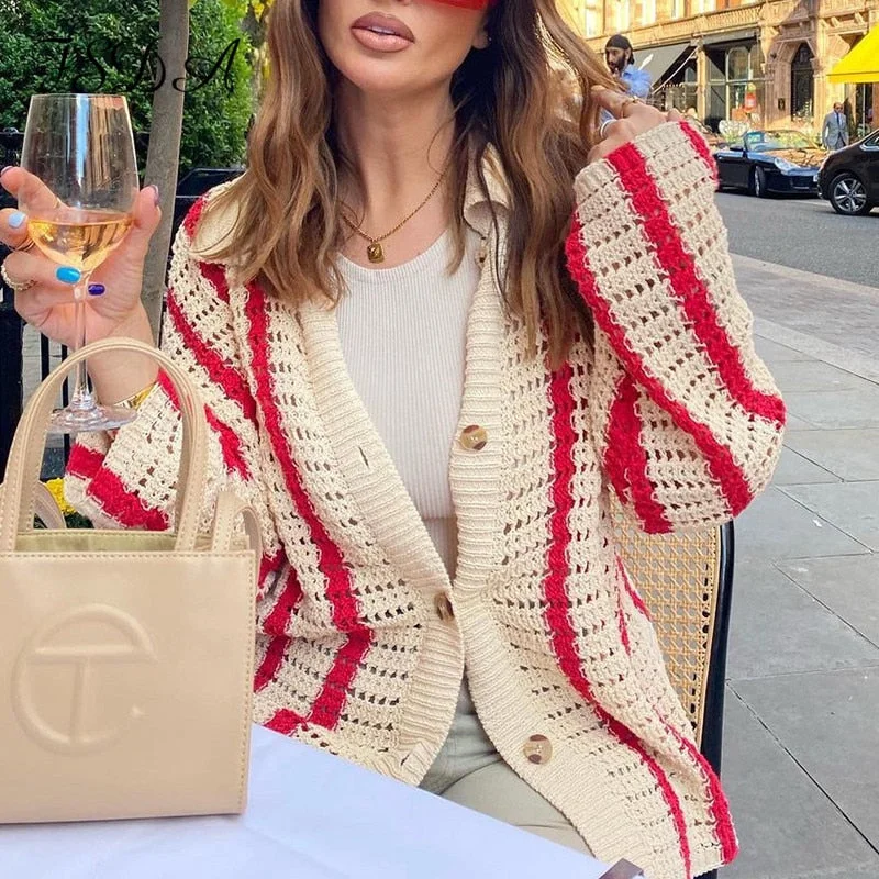 FSDA Knitted Long Sleeve Cardigan Women Red Stripe Loose Autumn Winter Fashion Casual Sweater Top V Neck Oversized