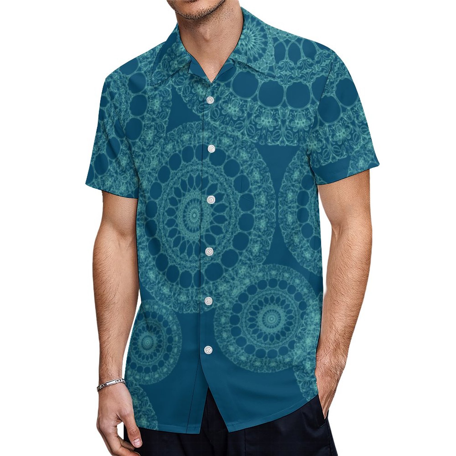 Blue Teal Yoga Mandala Boho Chic Lace Hawaiian Shirt Mens Button Down Plus Size Tropical Hawaii Beach Shirts