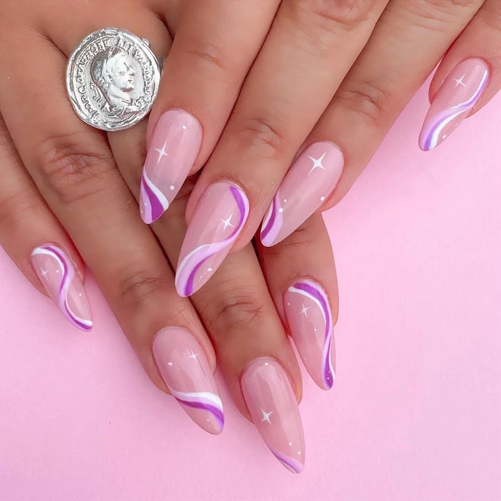 24Pcs/Box Detachable Almond Pink And White False Nails Wavy Style Stiletto Fake Nails Ballerina Coffin Full Cover Manicure Tool 406-Nail Inspo