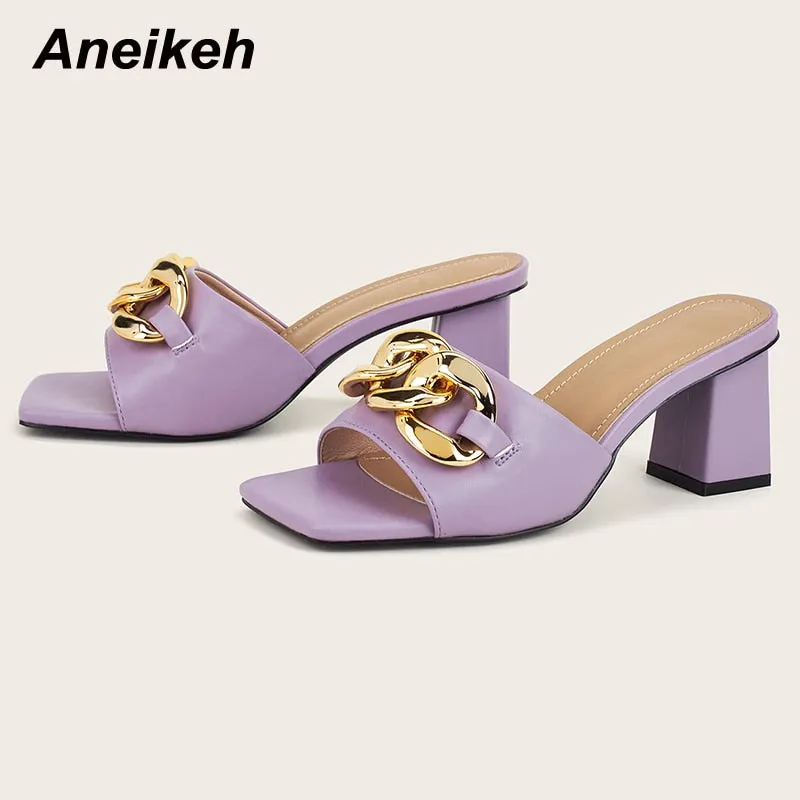 Aneikeh 2022 NEW Fashion PU Women Shoes Summer Square Heel Peep Toe Slipper Novelty Shallow Metal Decoration Patchwork Elegant