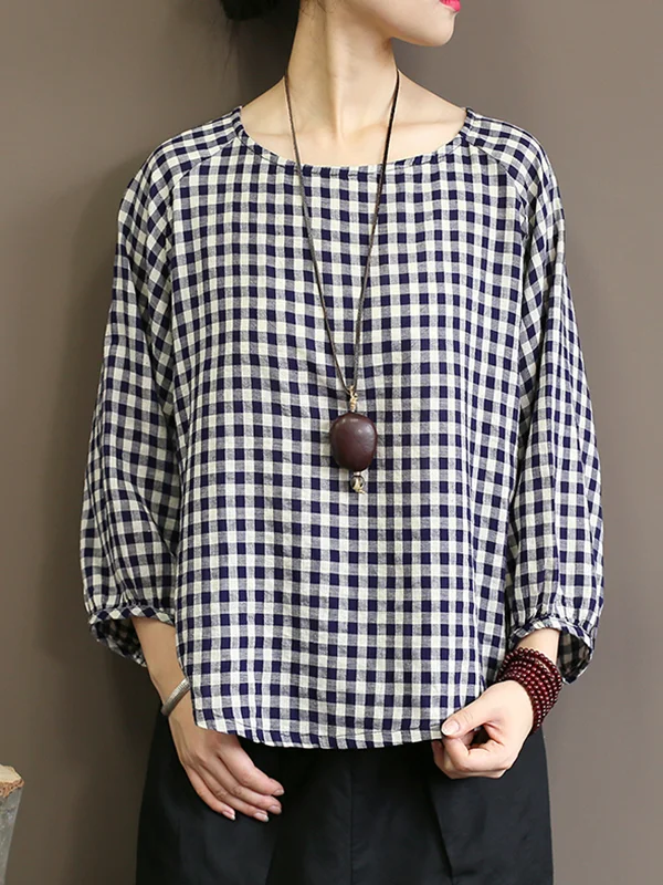 Vintage Loose Plaid Ramie Cotton Round-Neck Three-Quarter Sleeves T-Shirt Top