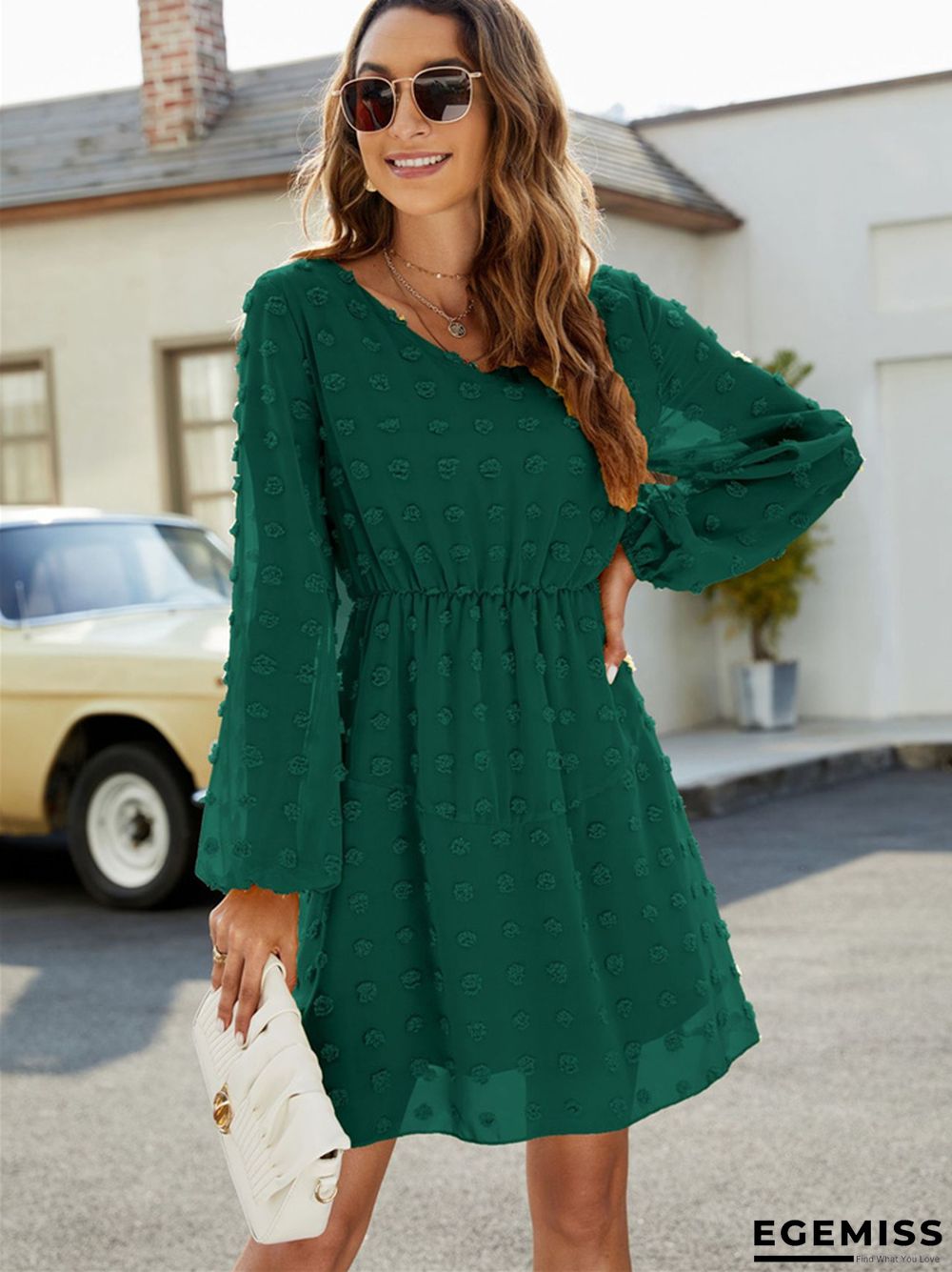 Dot A-line Skirt Ruffled V-neck Casual Loose Short Dress | EGEMISS