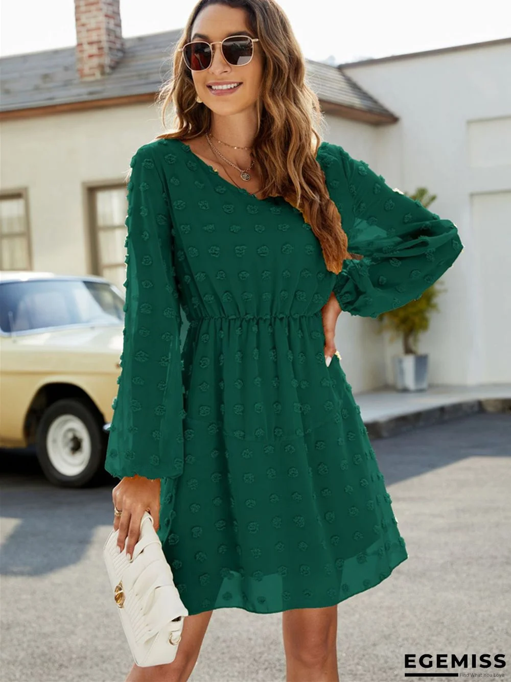 Dot A-line Skirt Ruffled V-neck Casual Loose Short Dress | EGEMISS