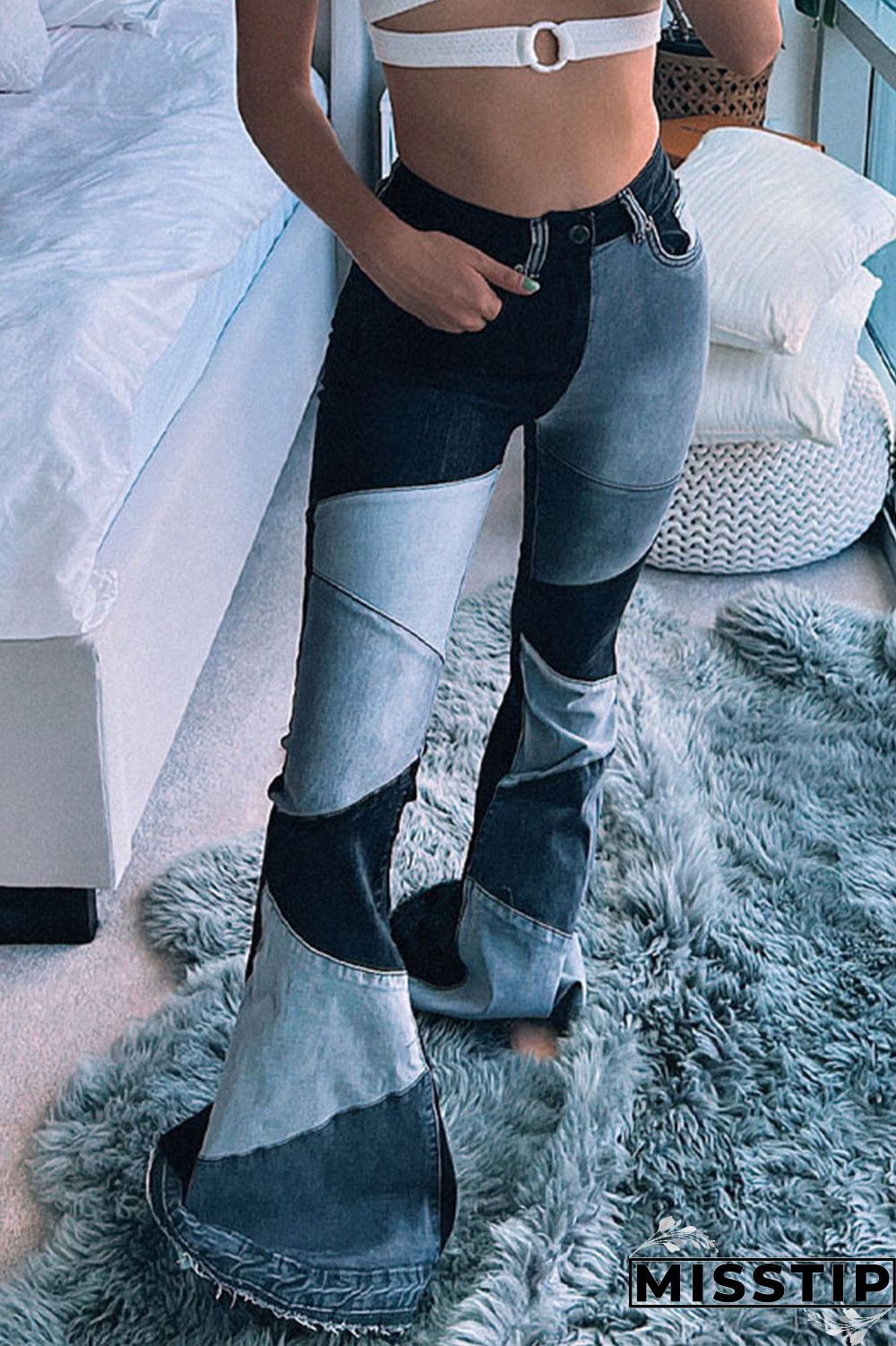 Blue Casual Patchwork Tear High Waist Boot Cut Denim Jeans
