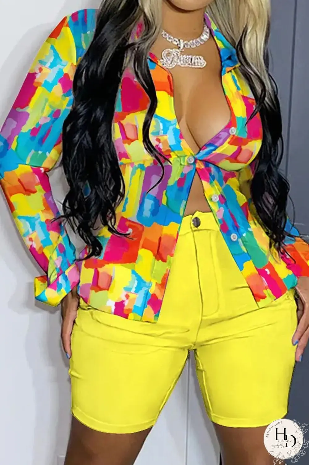 Light Blue Casual Print Patchwork Buckle Turndown Collar Long Sleeve Two Pieces