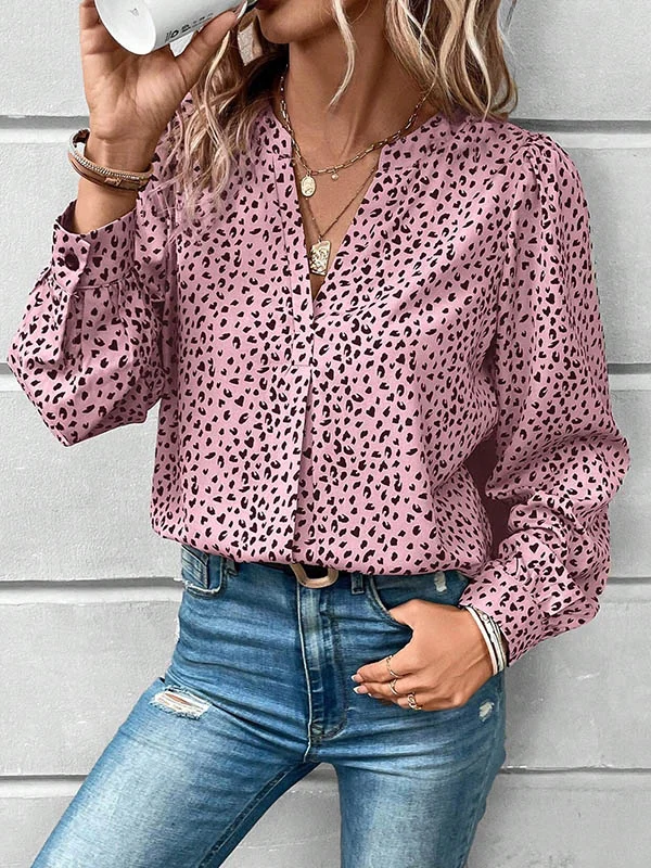 Leopard Pleated Long Sleeves Loose V-Neck Blouses&Shirts Tops