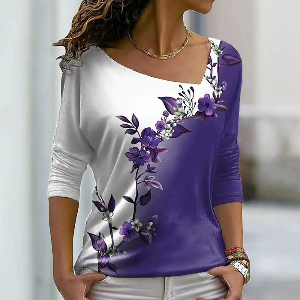 Smiledeer Spring fashion slanted V-neck print long sleeves