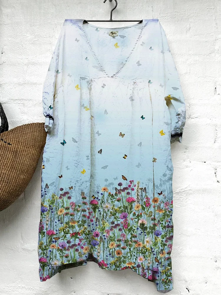 Vintage floral oil painting cotton and linen dress