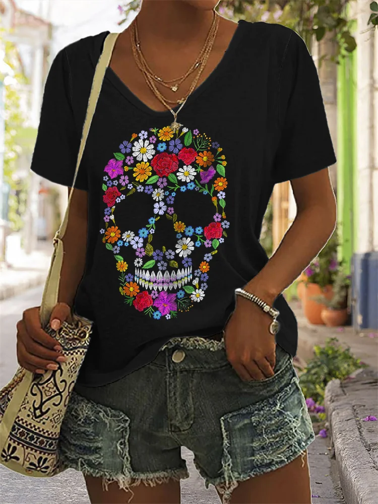 Vefave Sugar Skull Flowers Art V Neck T Shirt