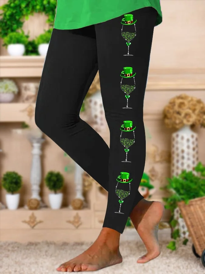 Women's St. Patrick's Day Glitter Wine Glass Print Stretch Leggings socialshop