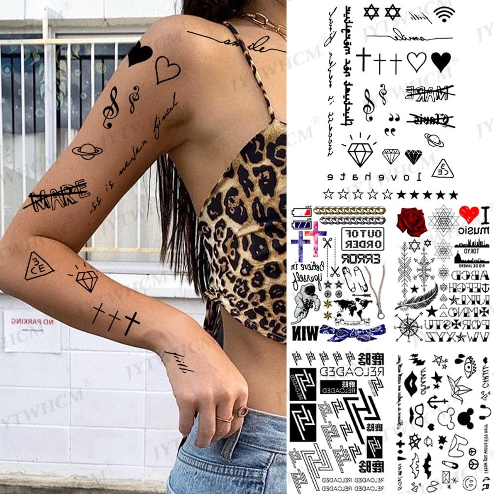 Waterproof Temporary Tattoo Sticker Heart Music Cross Old School Translation Tattoos Planet Universe Body Art Arm Fake Tattoo