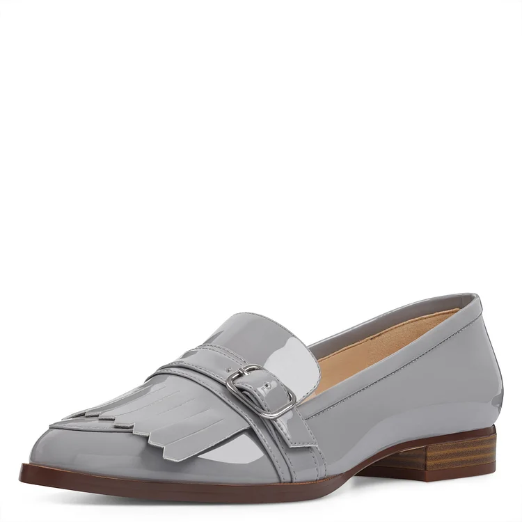 Grey Patent Leather Almond Toe Fringe Women's Loafers with Buckle |FSJ Shoes
