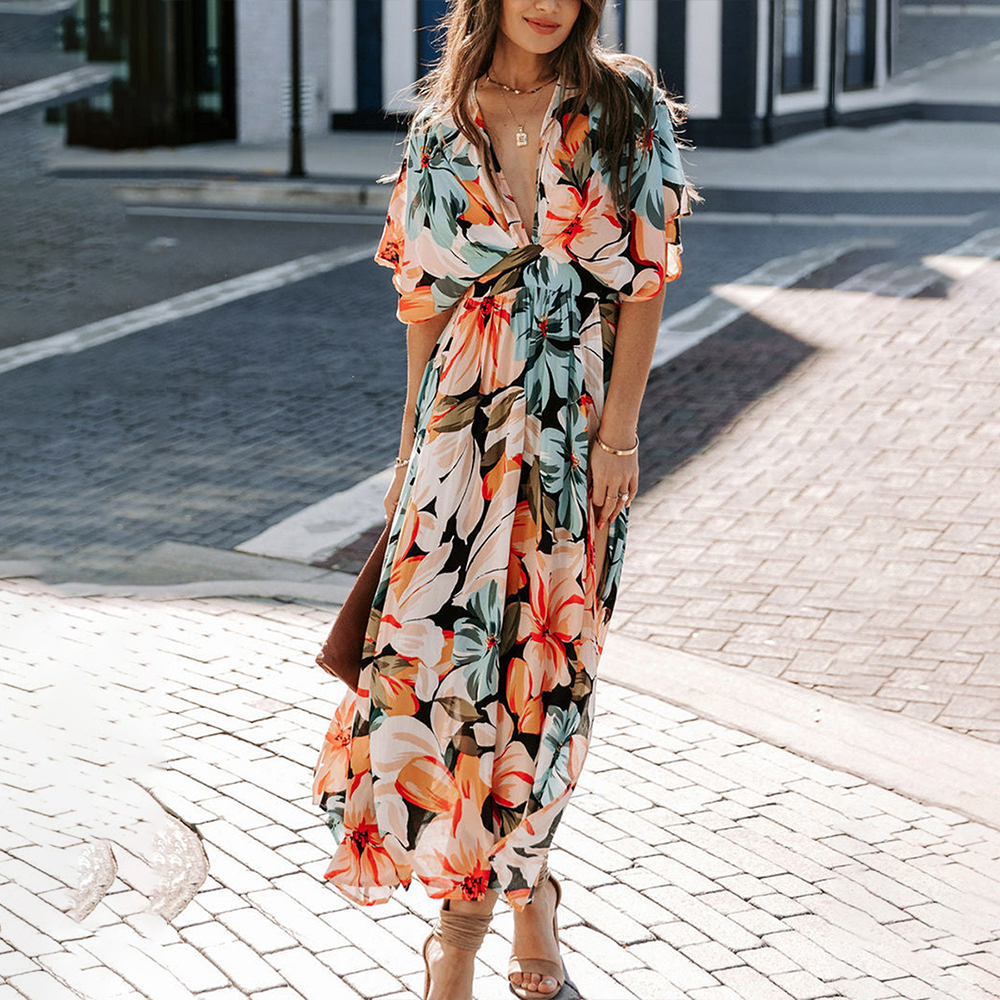 Women's Boho Floral Printed Dolman Sleeve V-Neck Maxi Dress 