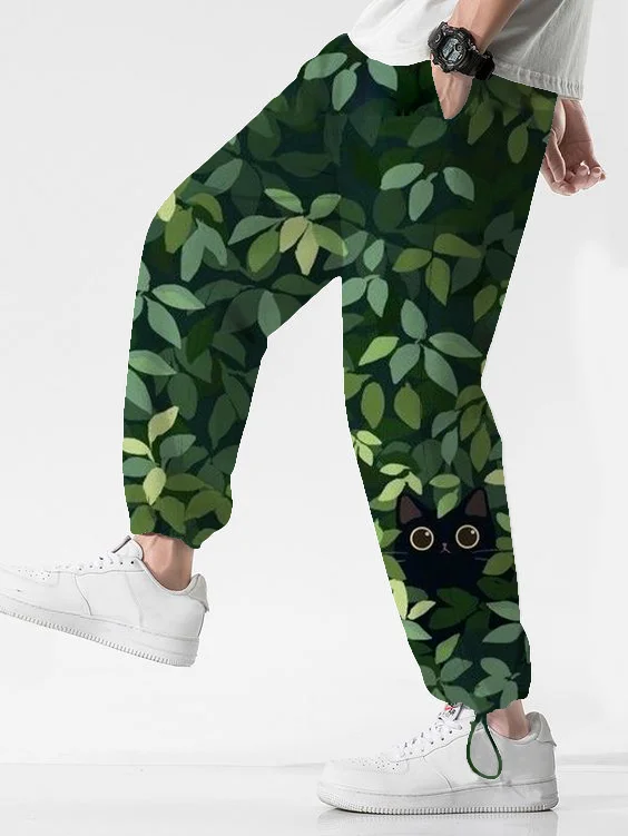 Men's Cute Black Cat Hiding Green Leaves Print Casual Joggers Sweatpants