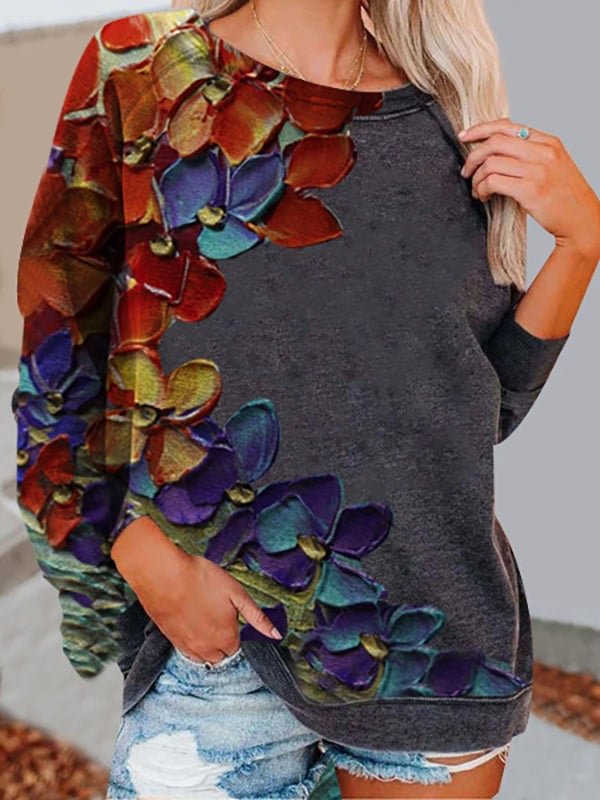 Womens Floral Print Long-Sleeved Casual Sweatshirt