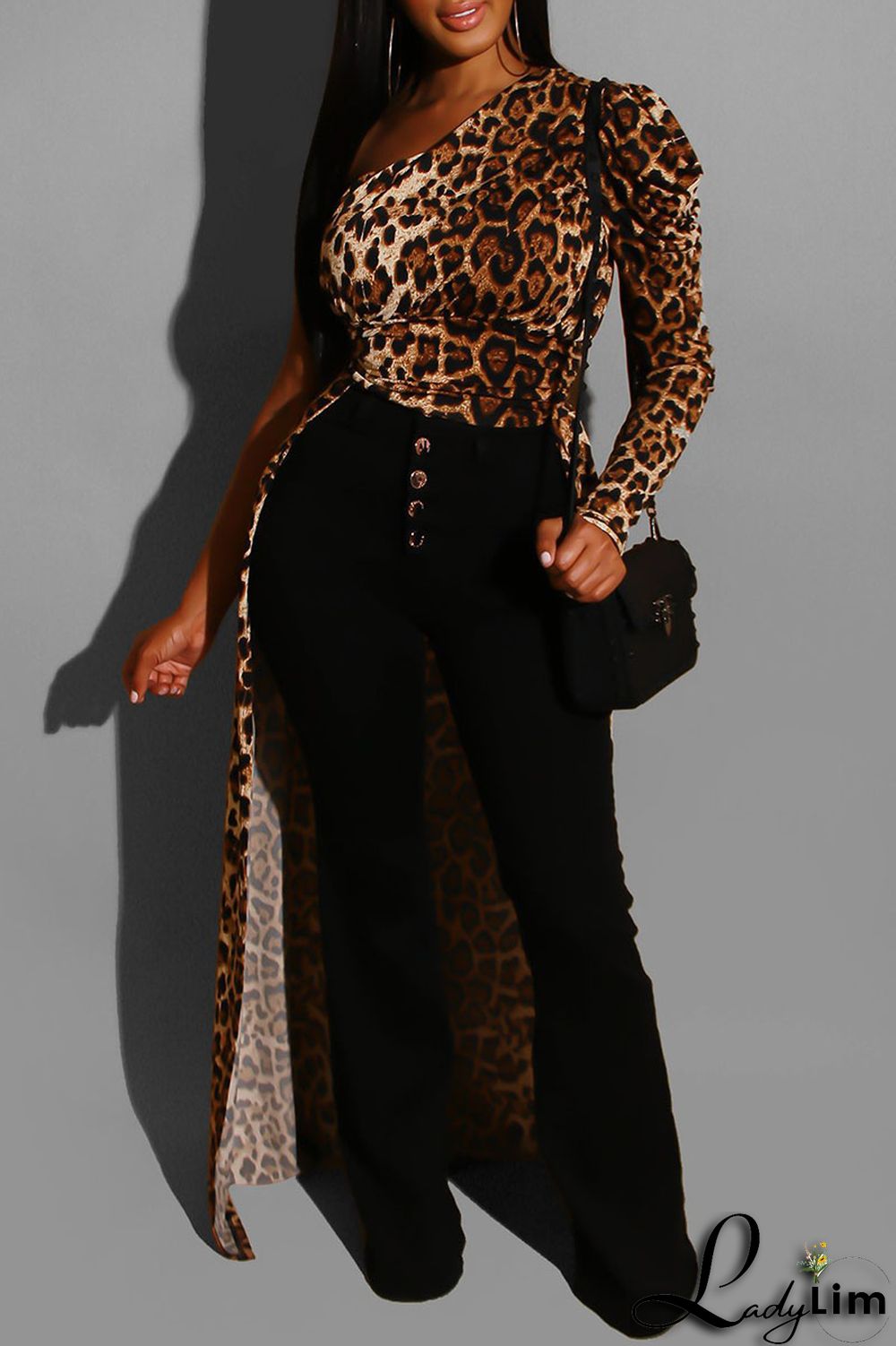 Black Sexy Print Leopard Split Joint Fold Asymmetrical Oblique Collar Dresses