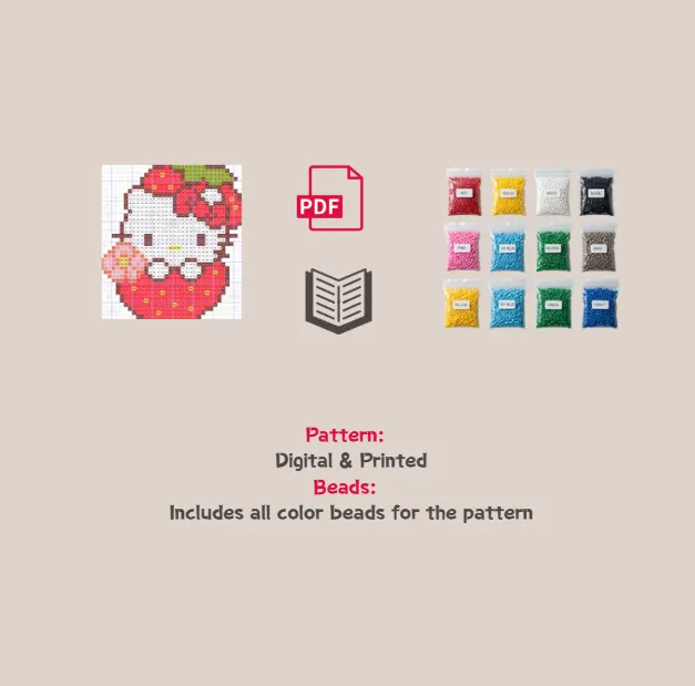 Strawberry Kitty Pixel Pattern Fuse Bead Kit  | Cute DIY Fuse 1081 Beads Set