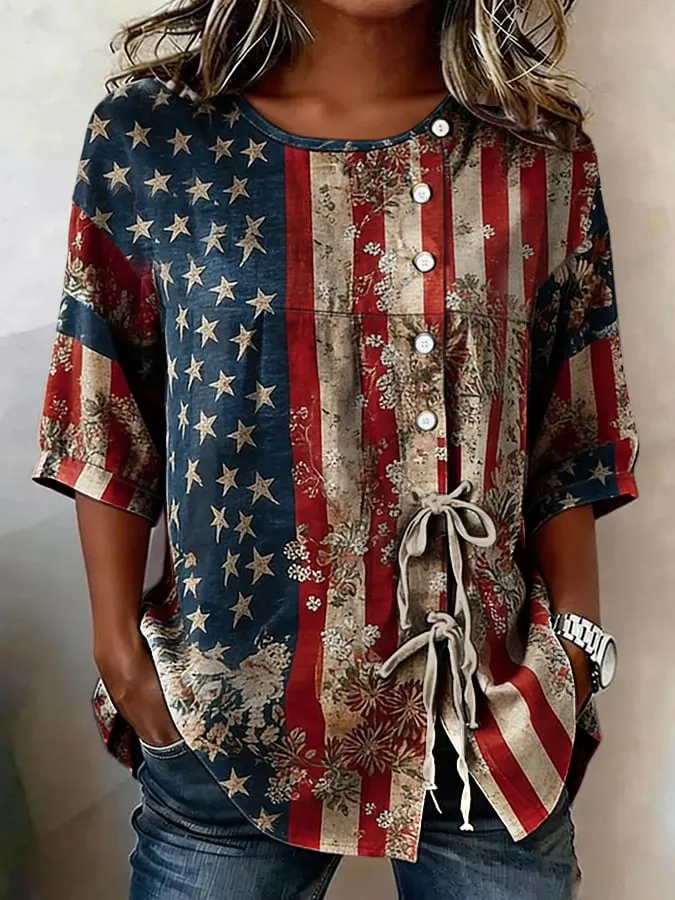Women's Cotton Linen Floral Floral 250th Anniversary Digital Print Top 
