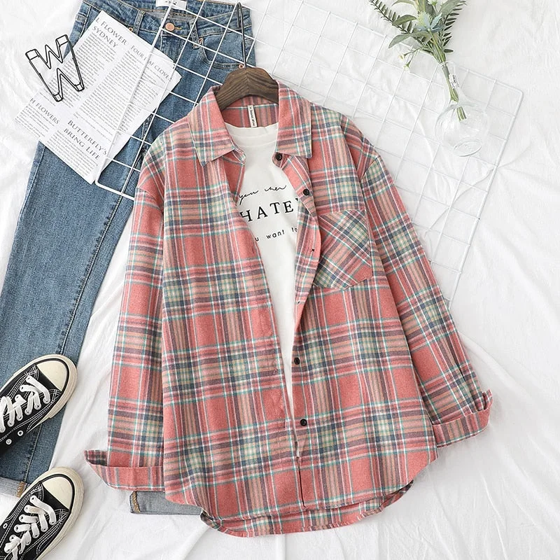 Plaid Shirts Womens Checked Blouses And Tops Long Sleeve Female Casual Print Shirt Loose Cotton Blusas Outwear Autumn News