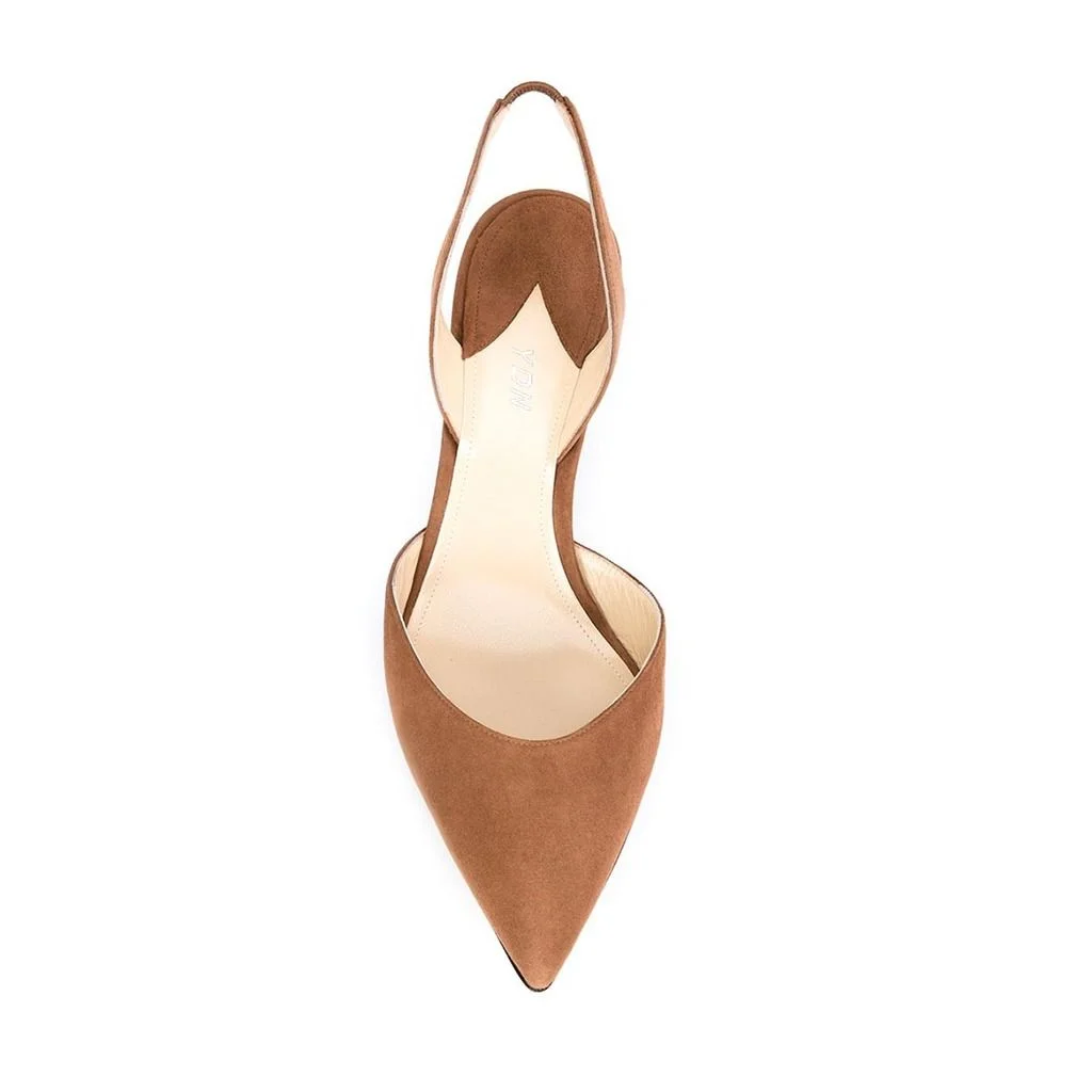 Tan Faux Suede Pointed Toe Slingback Pumps with Kitten Heels