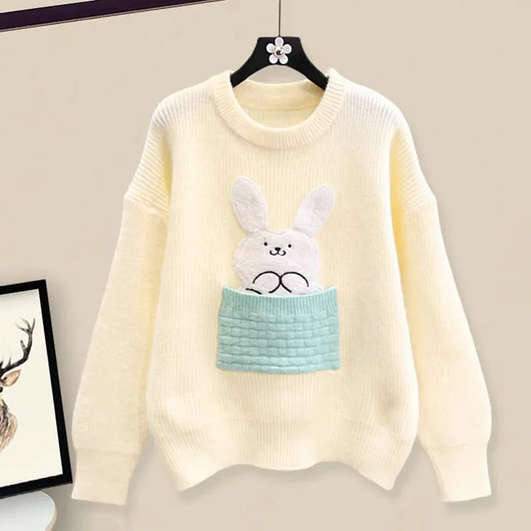 Bunny Embroidery Round Collar Knit Sweater Plush Pants Two Pieces Set - Modakawa modakawa
