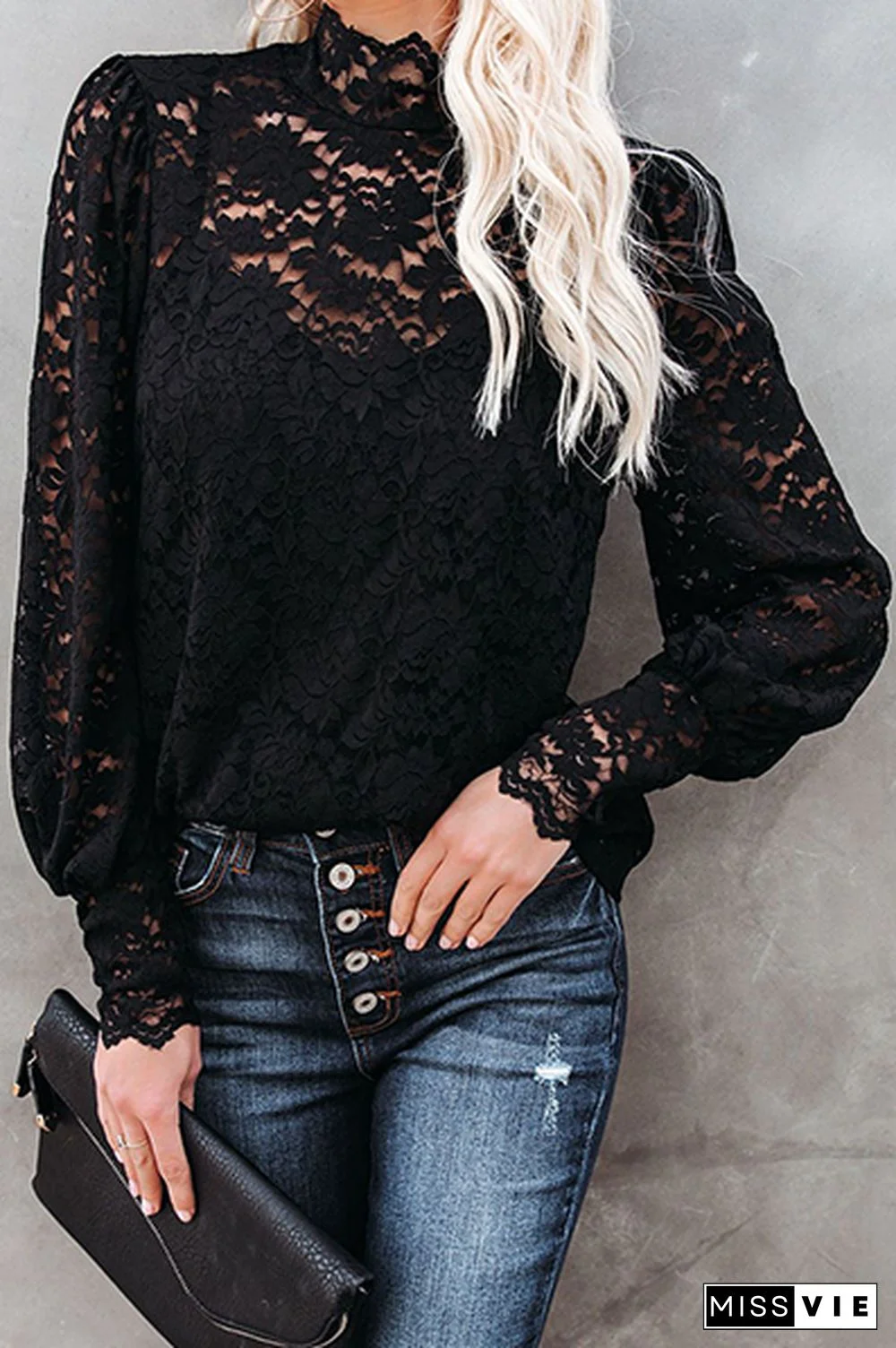 Elegant Solid Lace Hollowed Out Mandarin Collar Tops