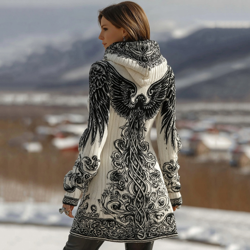 Women's Viking Celtic Art Knit Cozy Button Hooded Jacket elevenforest