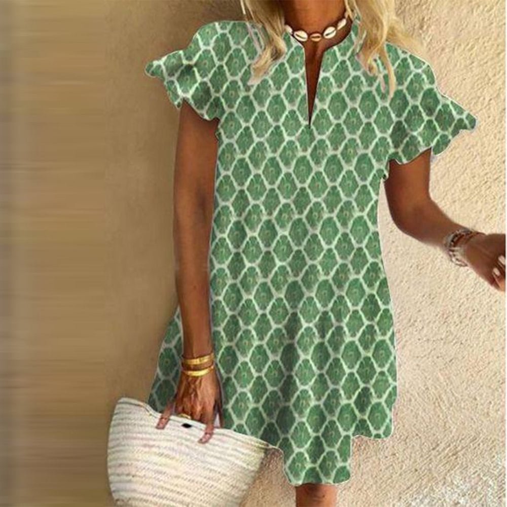 Youthful Green Print Short Sleeve Mini Dress