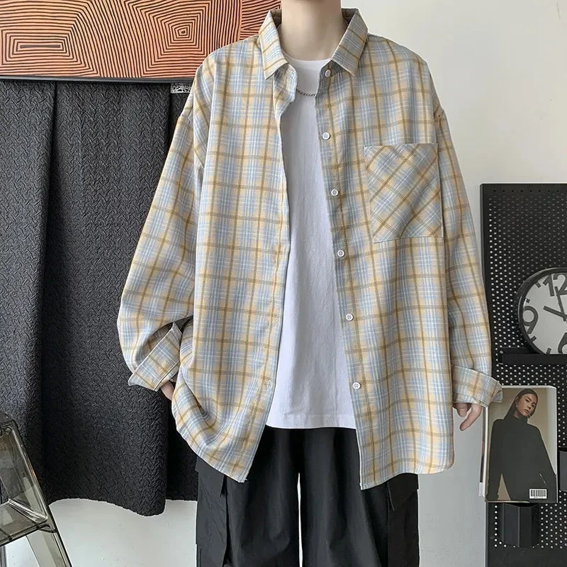 Aonga - Plaid Long Sleeve Shirts Men Loose 2023 autumn Korean Chic Coat Checker Blouses Single Breasted Harajuku Jackets