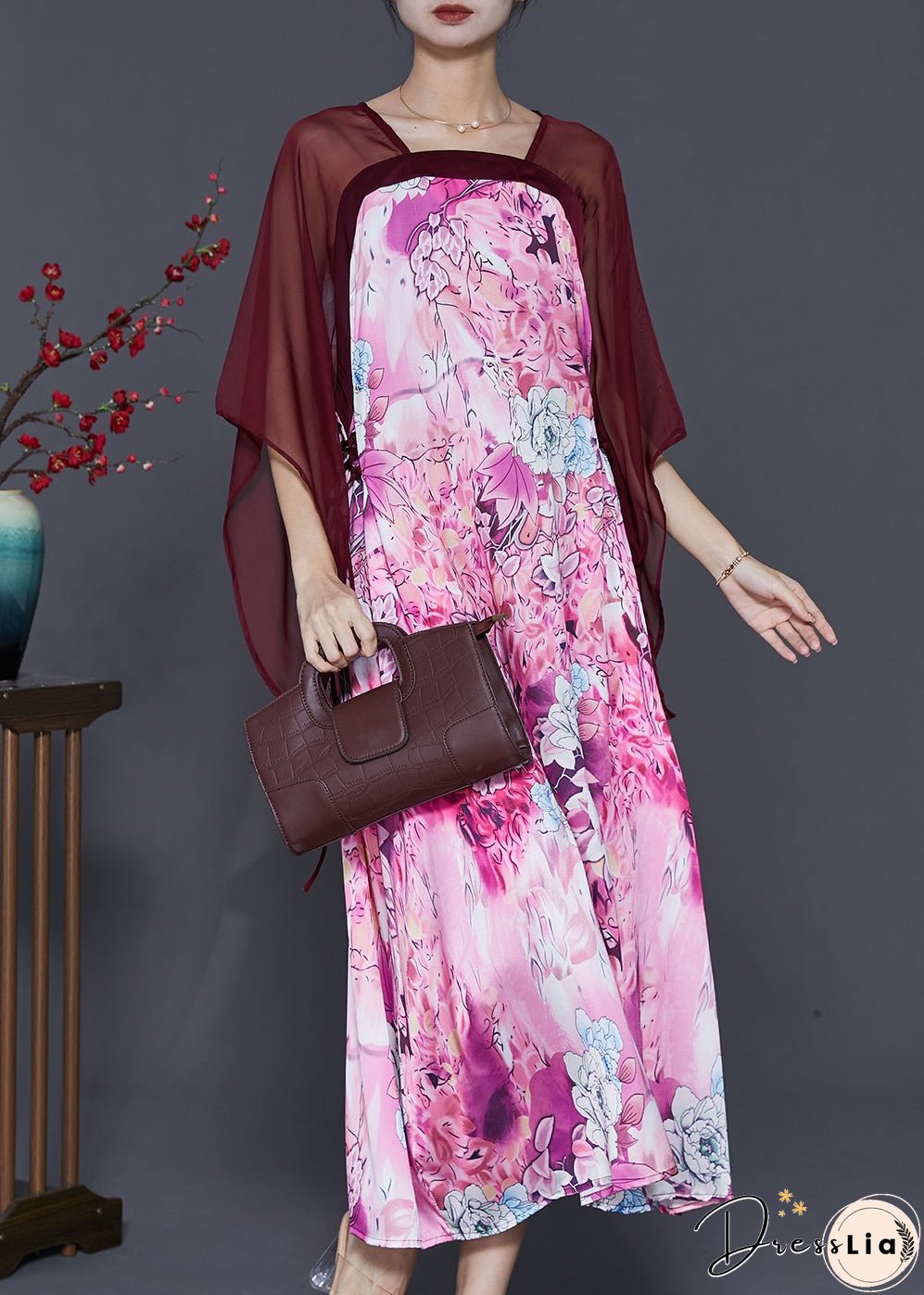 Modern Purple Square Collar Patchwork Print Chiffon Dresses Summer